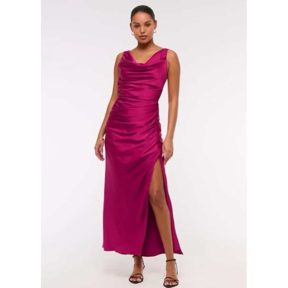 Abercrombie Fitch Satin Cowl Neck Maxi Satin Dress Ruched Slit M Classy‎ NWT